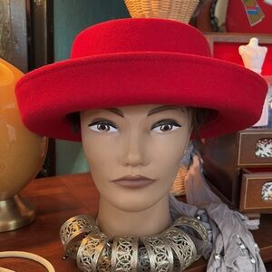 Elegant Red Women's Hat with Ribbon and Beaded Detail